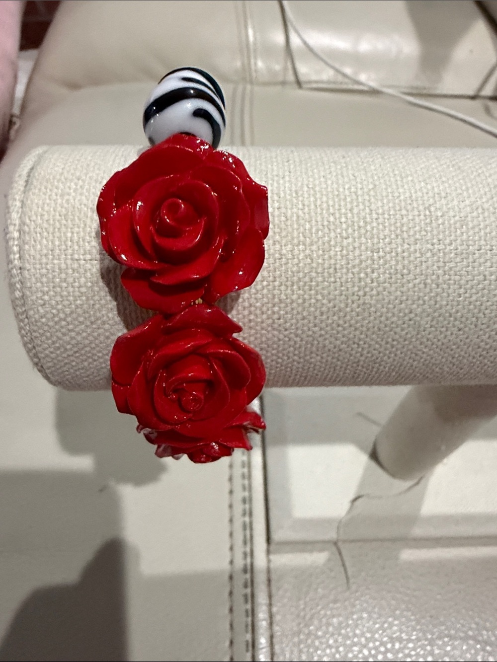 Red Rose Floral Bracelet with Black & White Accent Bead